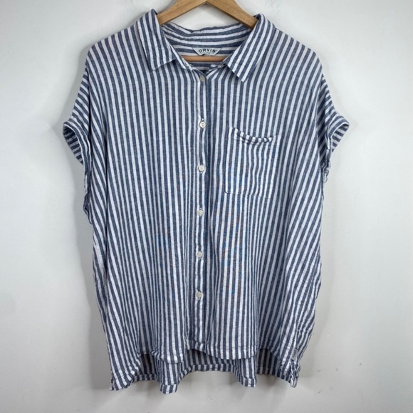 ORVIS Linen Top XXL Short Sleeve Stripe Button Up Coastal Beach Preppy Nautical - Picture 11 of 11